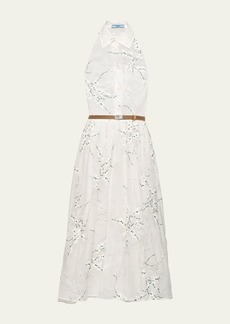 Prada Floral Embroidered Organza Fit-Flare Midi Dress
