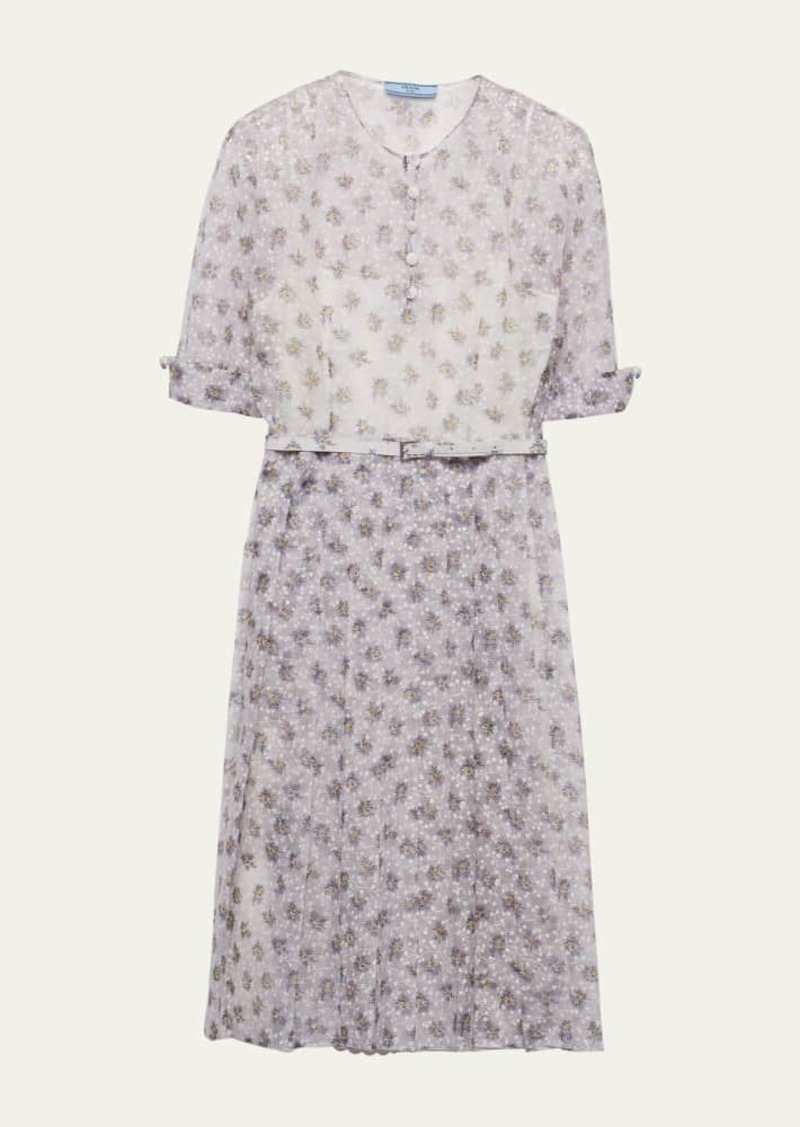 Prada Floral Fit-Flare Belted Midi Dress