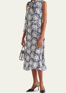 Prada Floral-Print Midi Dress with Scarf Neck