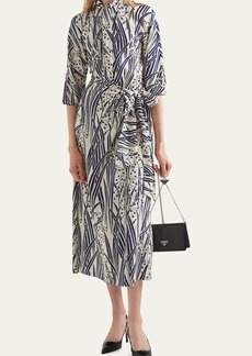 Prada Floral-Print Scarf-Neck Midi Dress