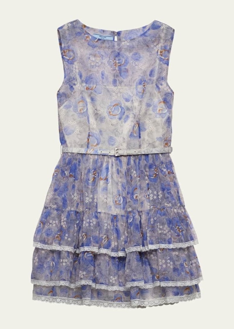 Prada Floral Tiered Lace-Trim Leather Belted Chiffon Mini Dress