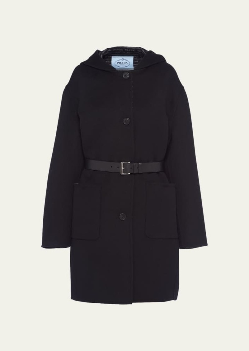Prada Hooded Double-Face Coat with Leather Belt
