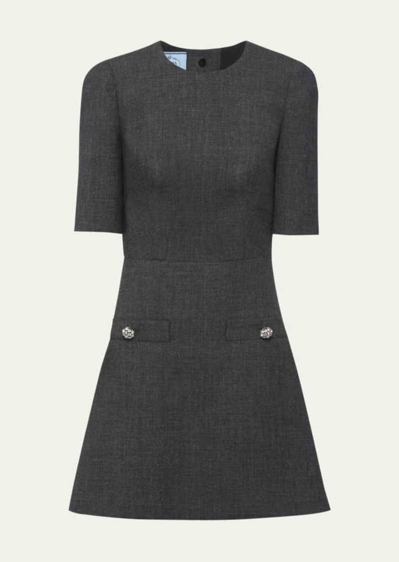 Prada Matt Wool Mini Dress with Crystal Buttons