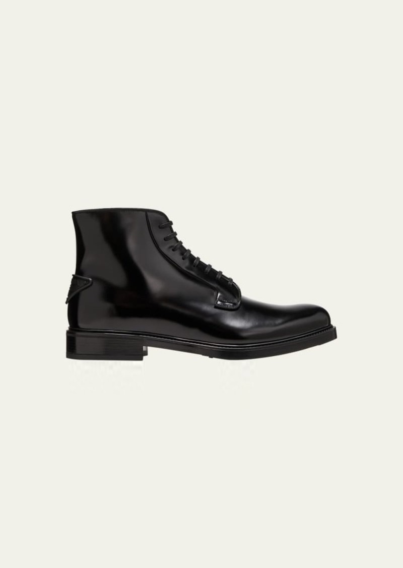 Prada Men's Leather Lace-Up Boots with Triangle Logo