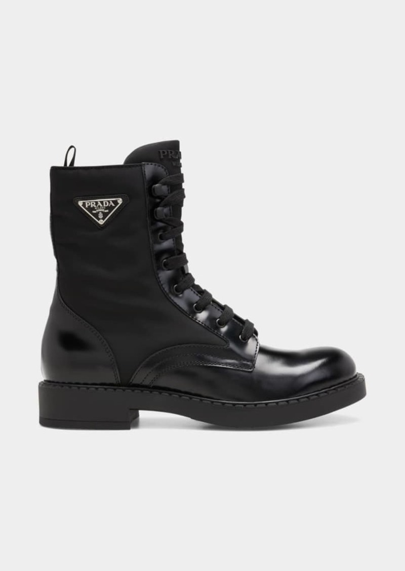 Prada Men's Nylon & Leather Triangle Logo Combat Boots