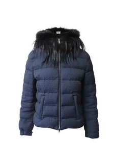 Prada Padded Jacket with Fur Collar in Navy Blue Polyester