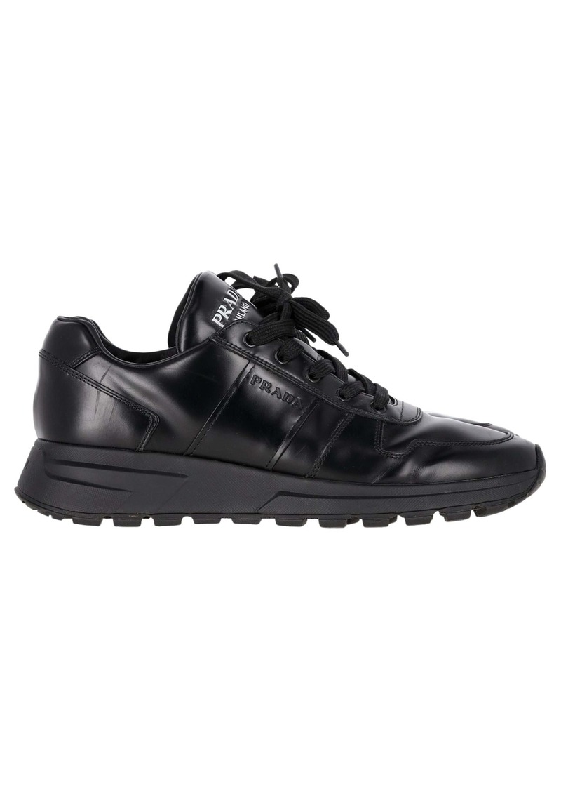 Prada Prax 01 Lace-Up Low-Top Sneakers in Black Calfskin Leather