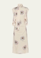 Prada Sable Gerbera Tie-Neck Midi Dress