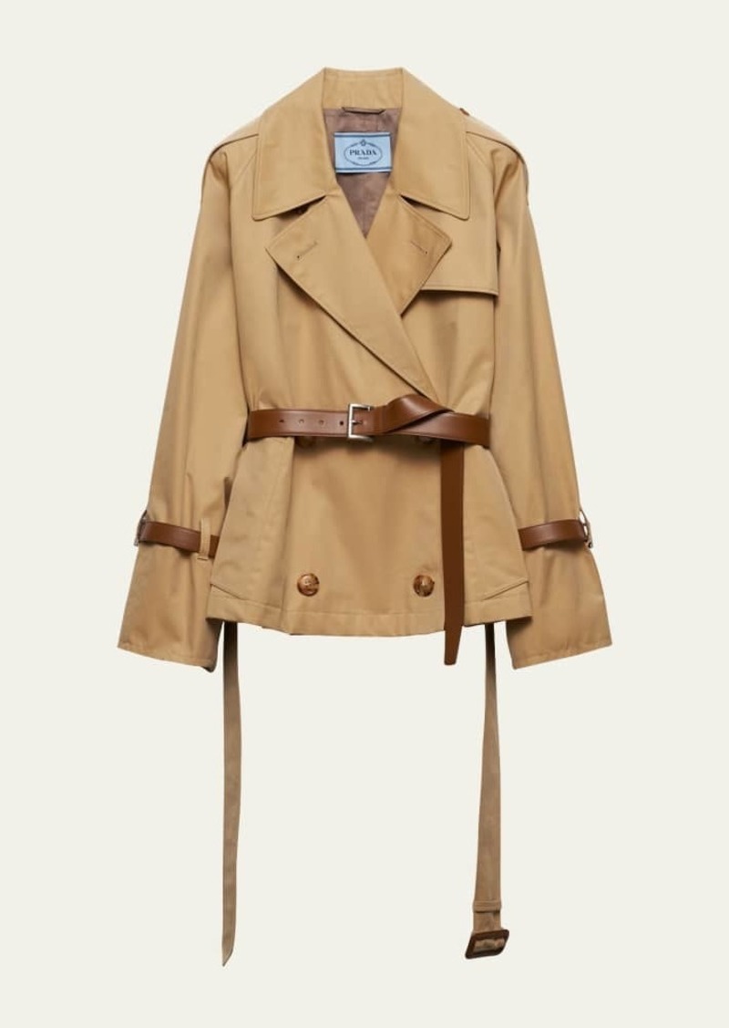 Prada Short Leather Belted Twill Trench Jacket