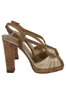 Prada Slingback Peep-Toe Sandals in Gold and Brown Leather