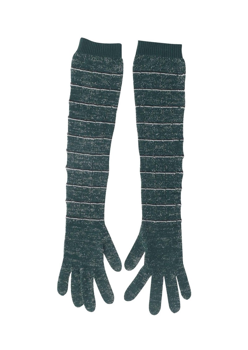 Prada Striped Long Knitted Gloves in Green Wool Blend