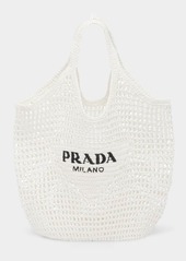 Prada Triangle Logo Net Raffia Shopper Tote Bag