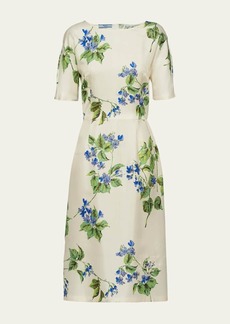 Prada Viola Floral-Print Silk Short-Sleeve Midi Dress