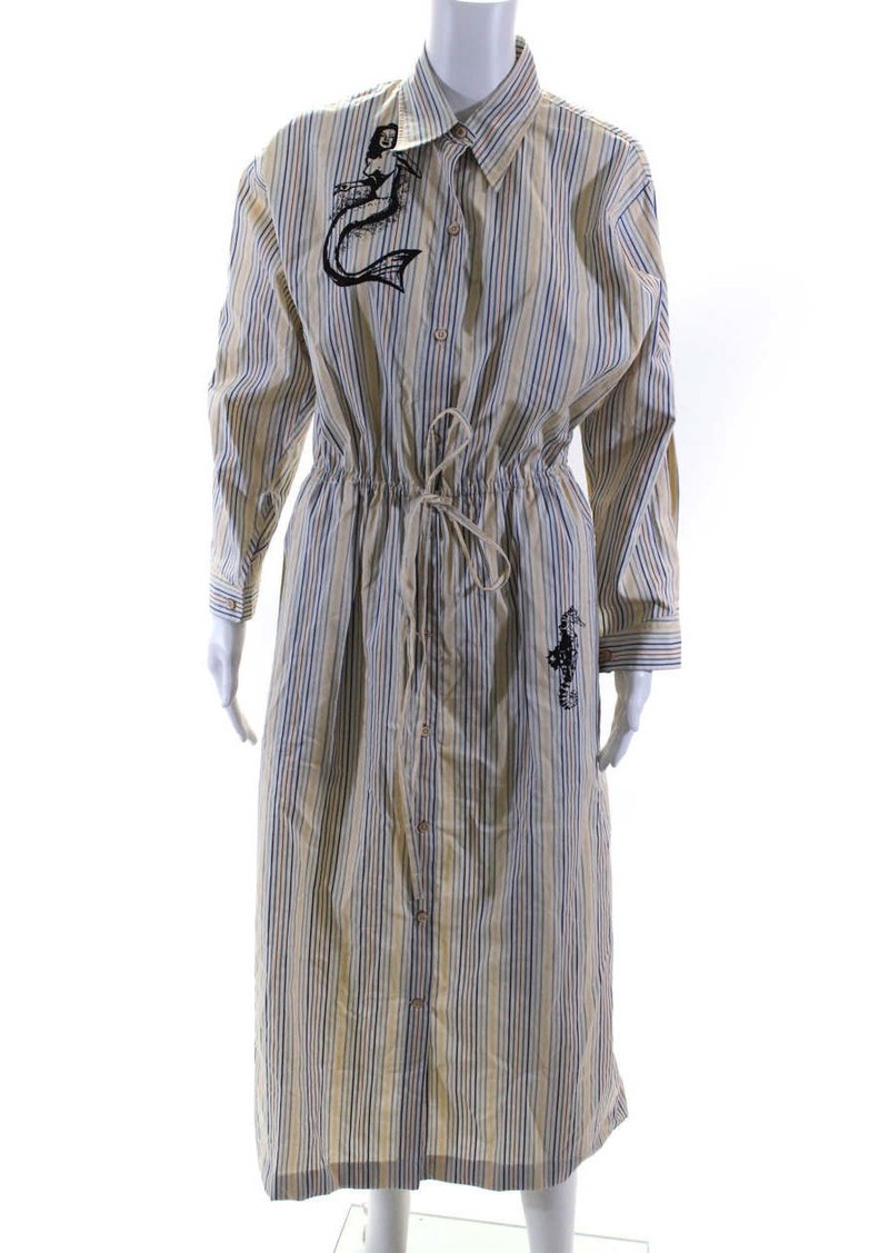 Prada Womens Beige Striped Nautical Collar Long Sleeve Shift Dress