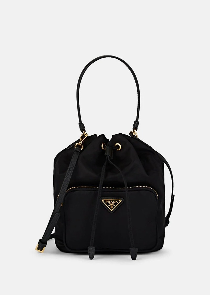 Prada Women's Vela Mini Leather-Trimmed Bucket Bag - Black