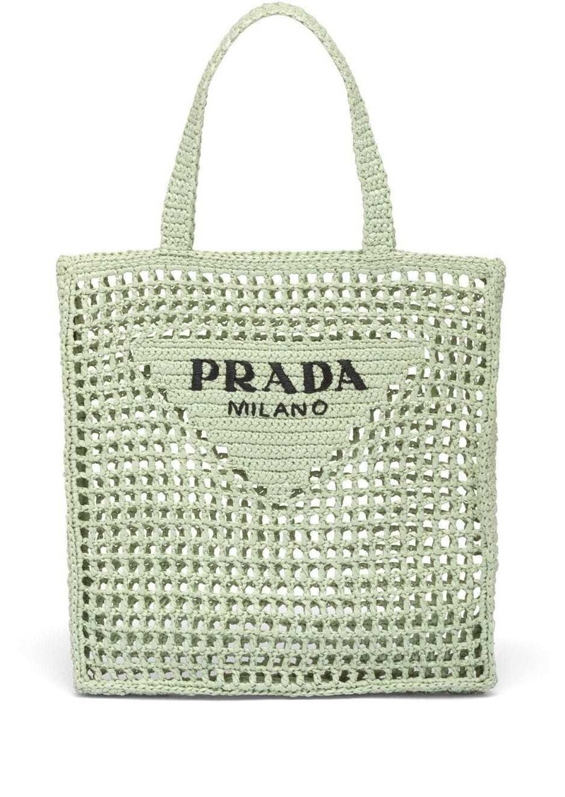 Prada triangle-logo crochet rafia tote bag