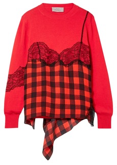 PREEN BY THORNTON BREGAZZI - Caia lace-trimmed layered gingham wool and cotton-blend sweater - Red - L