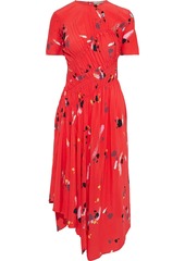 Preen Line Woman Violet Asymmetric Ruched Printed Crepe De Chine Midi Dress Papaya