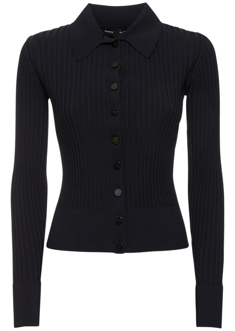 Proenza Schouler Ribbed Knit Viscose Blend Polo Cardigan