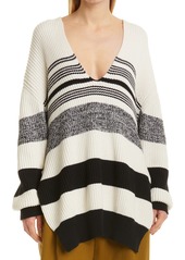 Proenza Schouler White Label Stripe Oversize V-Neck Sweater in Ecru/Black at Nordstrom