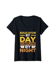 Public School Womens Educator By Day Sleepless By Night Instructor School Staff V-Neck T-Shirt