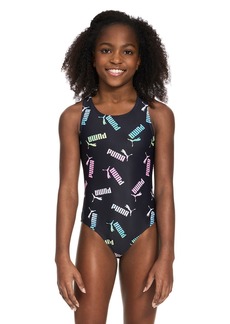PUMA Kids' Crossback Allover Logo One-Piece Swimsuit in Puma Black at Nordstrom Rack