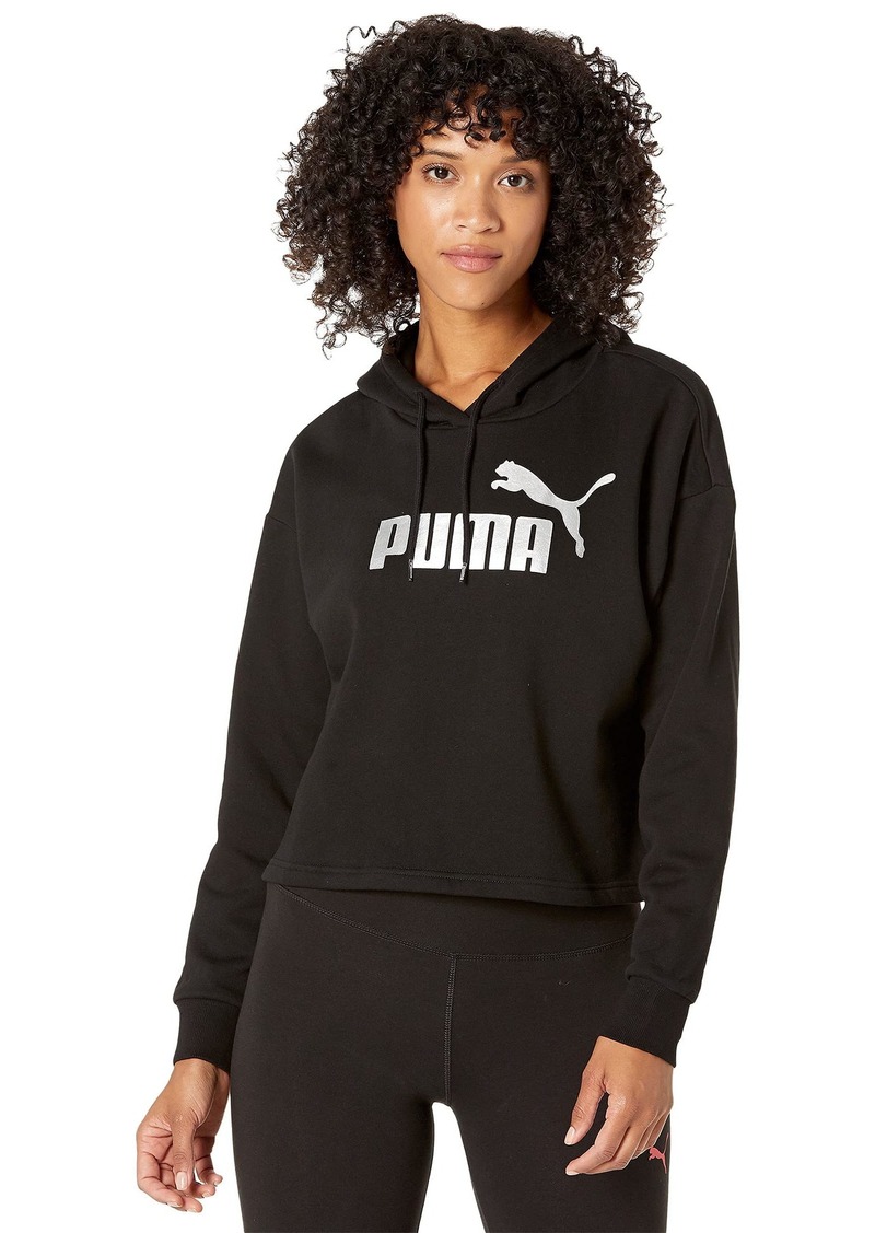 PUMA Women's Essentials+ Cropped Metallic Logo Fleece Hoodie Black-Silver