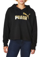 PUMA Women's Essentials+ Cropped Metallic Logo Fleece Hoodie Black-Gold