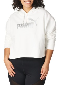 PUMA Women's Essentials+ Cropped Metallic Logo Fleece Hoodie White-Silver