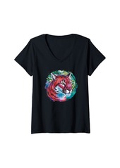 Womens Puma Cougar Head Colorful Art Animals Watercolor Painting V-Neck T-Shirt