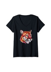 Womens Puma Cougar Head Colorful Art Animals Watercolor Painting V-Neck T-Shirt