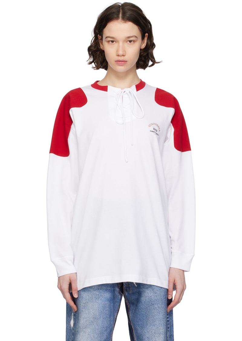 Pushbutton White Self-Tie Long Sleeve T-Shirt