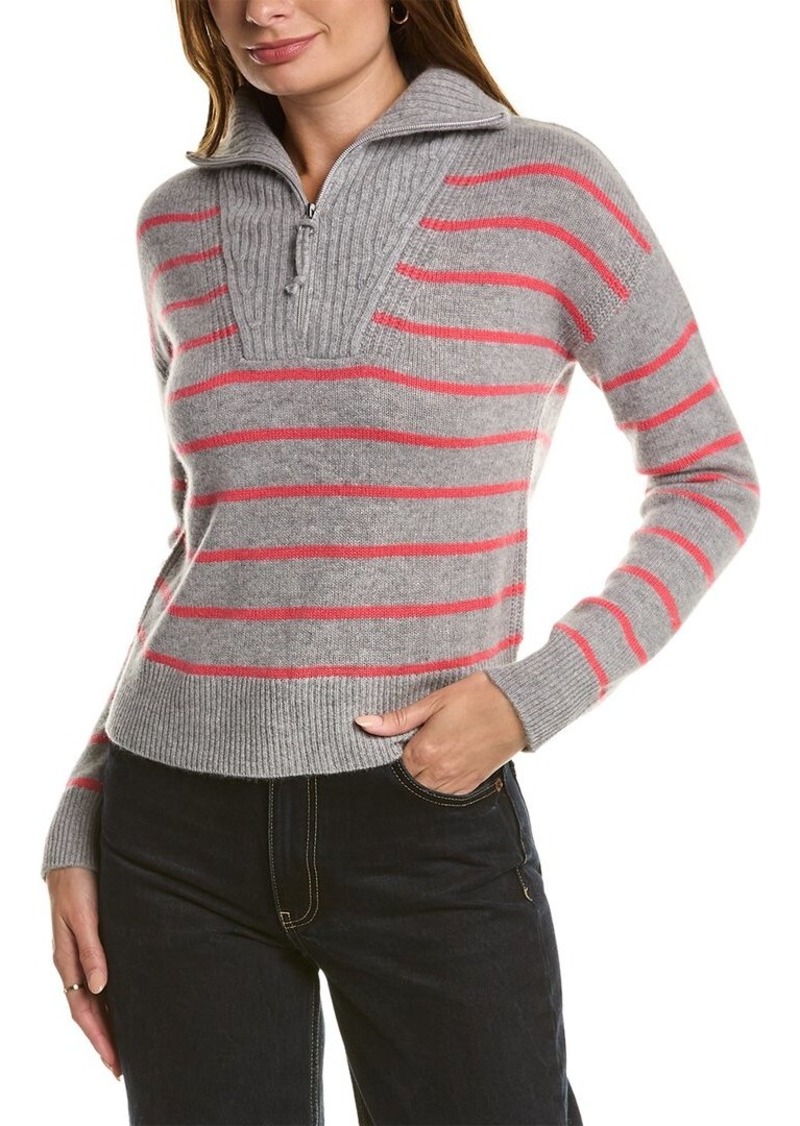 Qi Cashmere Striped Zip Mock Neck Cashmere Sweater