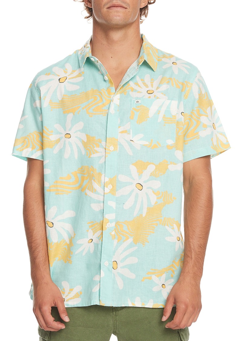 Quiksilver Trippy Floral Short Sleeve Stretch Hemp & Cotton Button-Up Shirt in Pastelturquoise at Nordstrom Rack