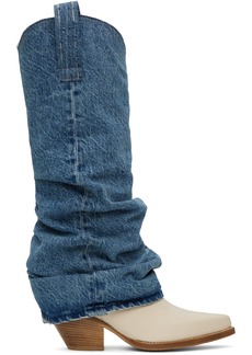 R13 Blue & White Mid Cowboy Denim Sleeve Boots