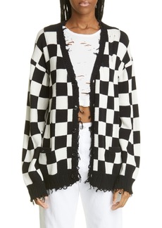 R13 Checkerboard Oversize Distressed Cotton Cardigan in Black/White Checker at Nordstrom