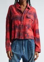 R13 Distressed Plaid Crop Cotton Flannel Workshirt