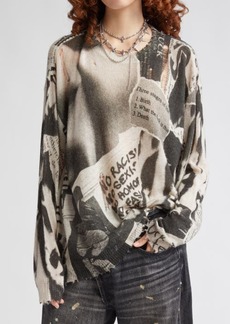 R13 Oversize Distressed Newspaper Print Cashmere Sweater at Nordstrom