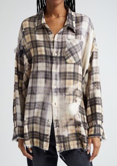 R13 Shredded Seam Bleached Plaid Oversize Cotton Flannel Button-Up Shirt