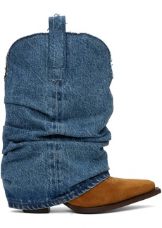 R13 Tan & Blue Low Rider Cowboy Denim Boots