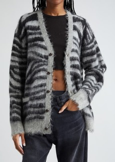 R13 Zebra Stripe Distressed Wool & Mohair Blend V-Neck Cardigan