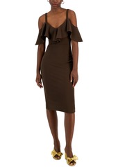 Rachel Rachel Roy Off The Shoulder V-Neck Ruffle Dress - Mocha