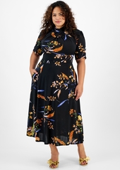 Rachel Rachel Roy Plus Size Floral-Print Twist-Neck Harland Dress - Black Indigo Floral