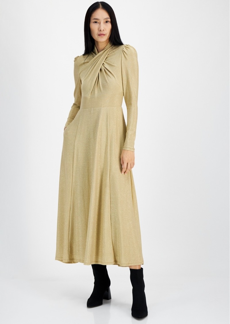 Rachel Rachel Roy Women's Harland Faux-Wrap Metallic-Threaded Midi Dress - Gold