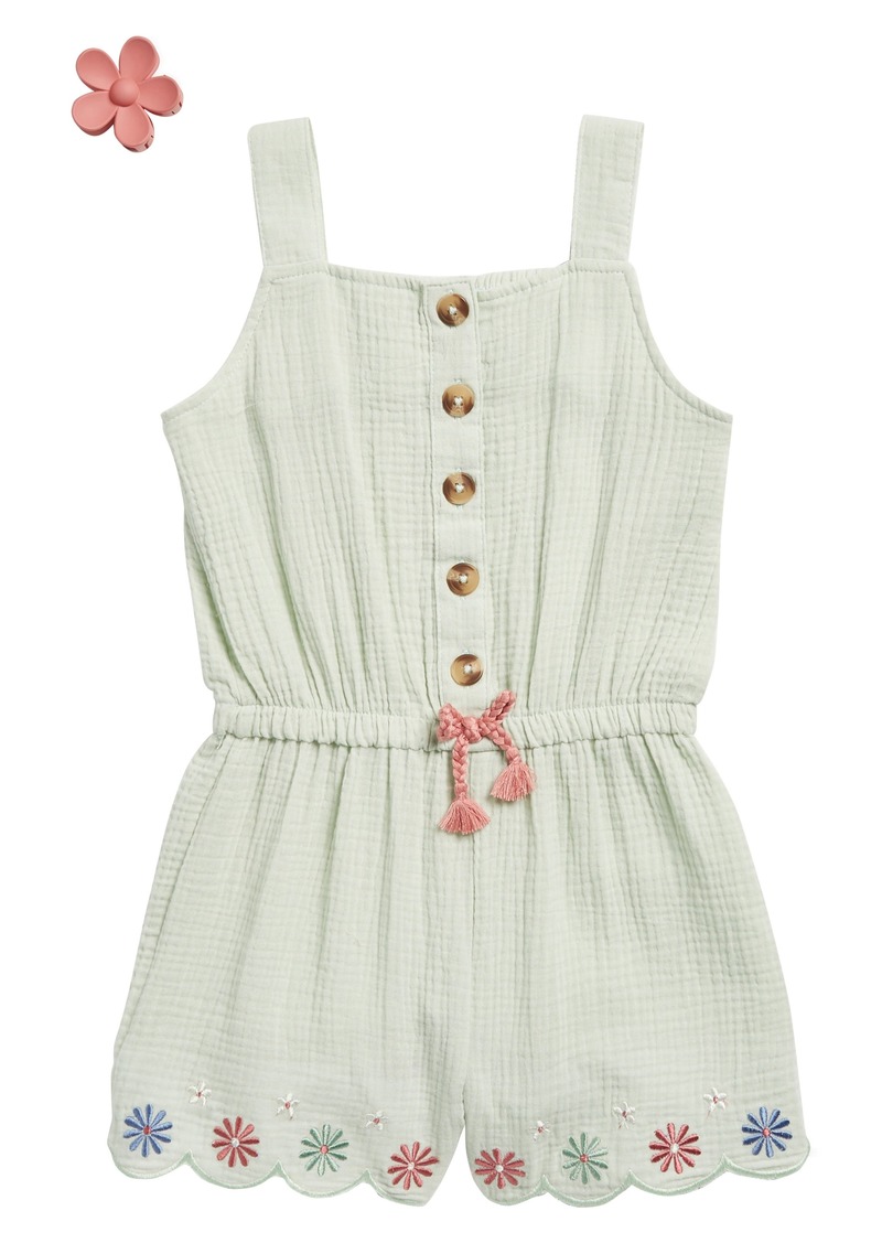 Rachel Zoe Kids' Embroidered Gauze Romper with Claw Clip in Green Lily at Nordstrom Rack