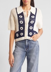 Rails Milan Crochet Accent Open Stitch Short Sleeve Cotton Sweater