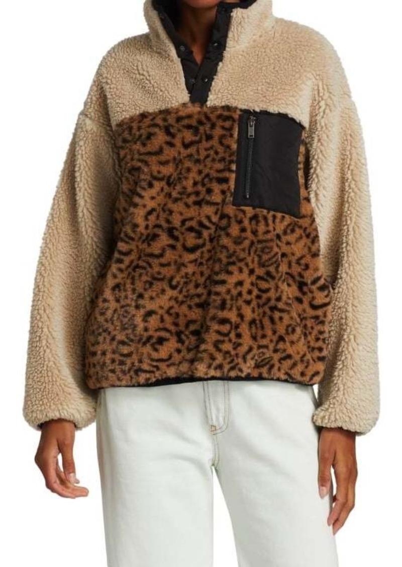 Rails Saga Leopard Print Teddy Quarter-Zip Pullover Jacket