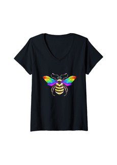 Womens Bee Rainbow Wings Stained Glass Pride LGBTQ V-Neck T-Shirt