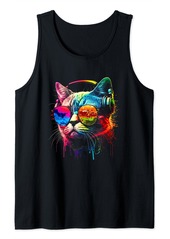 Rainbow DJ Cat with Sunglasses Headphones Music Funny Kitty Tank Top