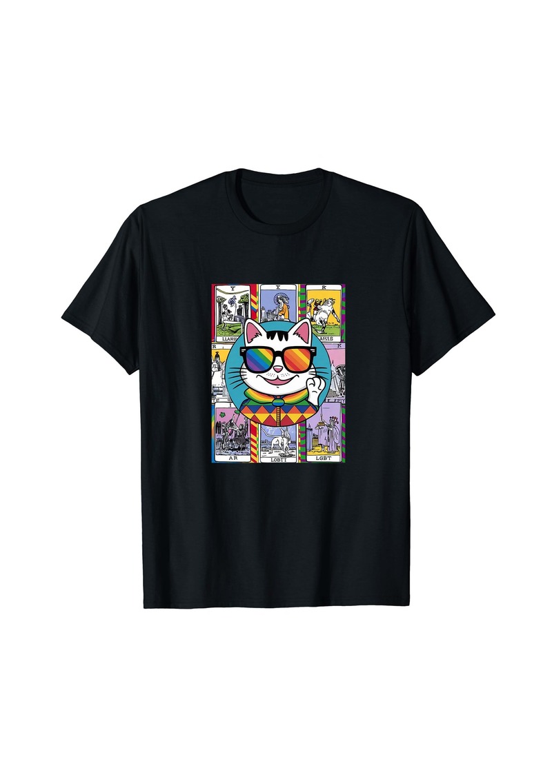 Rainbow Funny Ally Cat Tarot Card with Pride Sunglasses T-Shirt